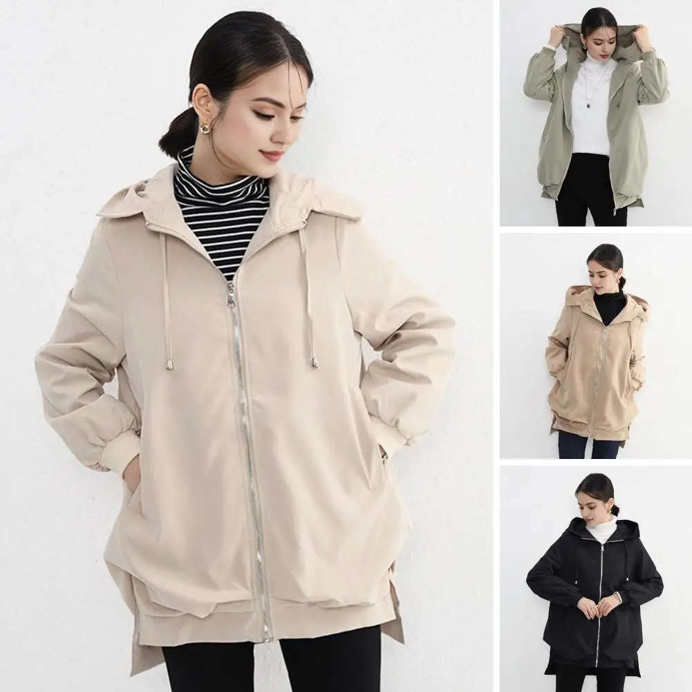 Slit Hem Jacket Stylish Windproof Hooded Cardigan for Women with Split Hem Zipper Closure for Outdoor Activities Travel Zipper