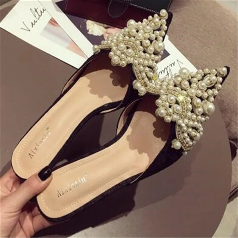 Spring/Autumn Fashion Sexy Women Shoes Elegant String Bead Crystal Patchwork Slip-On 35-42 Thin Heels Slipper NEW 2023