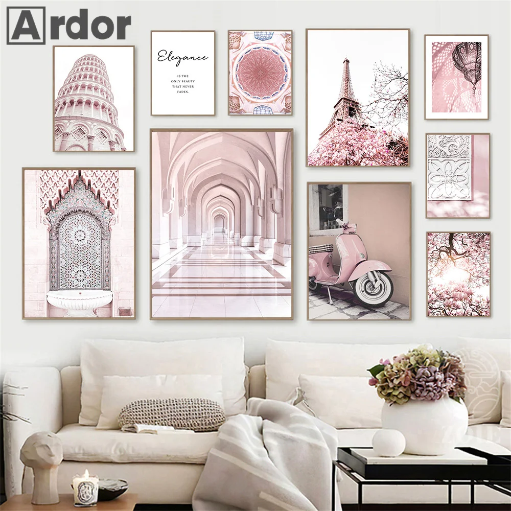 Pink Paris Tower Rose Flowers Motorbike Islamic Architecture Wall Art Canvas Painting Nordic Poster And Print Picture Home Decor