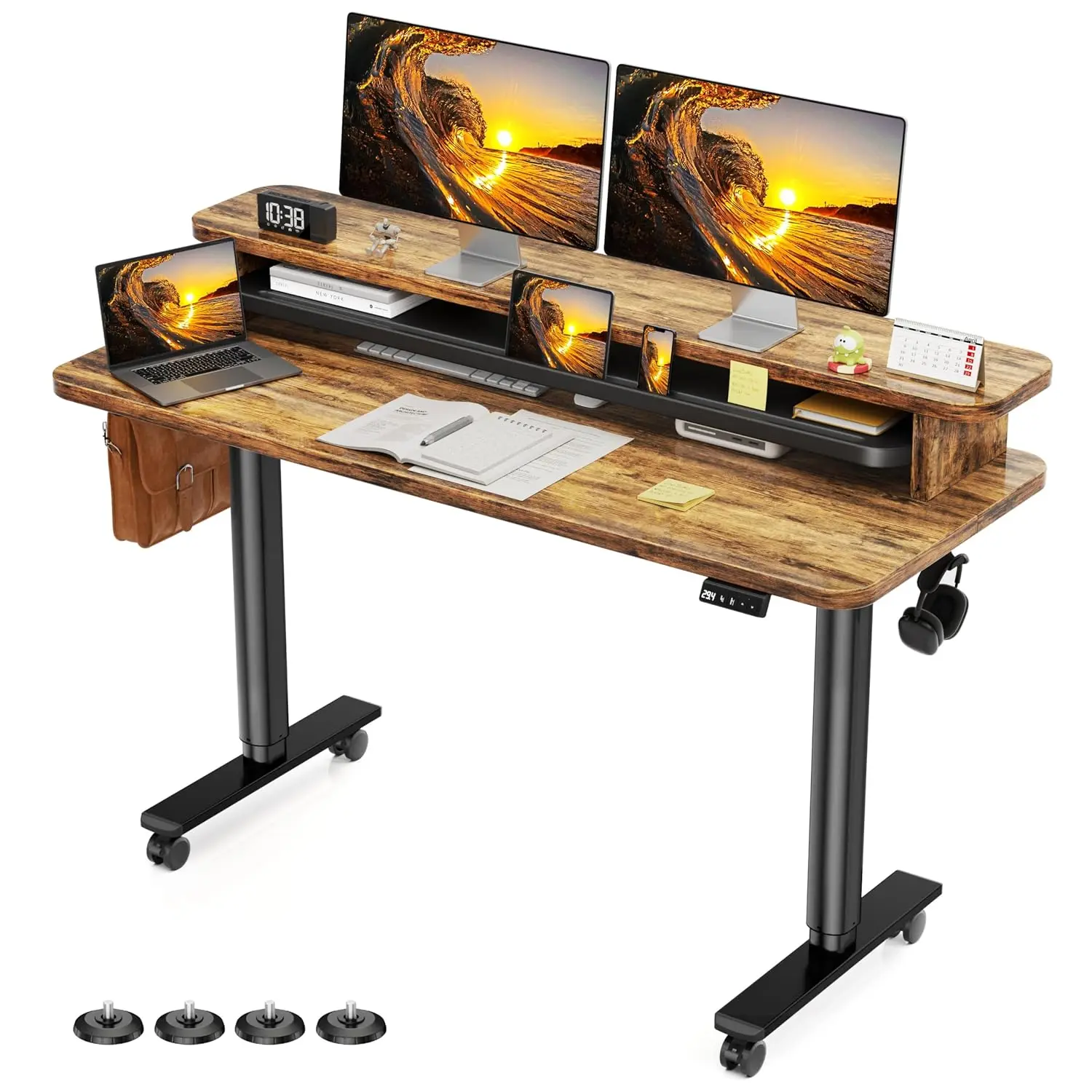 Electric Standing Desk Height Adjustable Dual Monitor Stand Memory Controller Casters Hooks Home Office 55x24