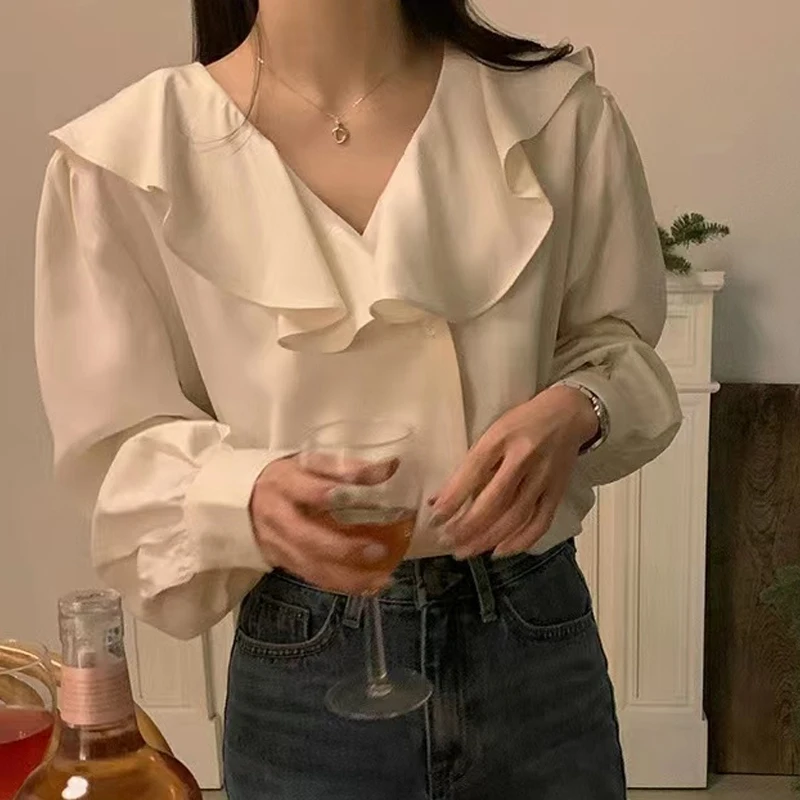 Fashion Long Sleeve Ruffled Women Blouse 2024 Spring V-neck Loose Casual Shirt Elegant Clothes Office Lady Tops Blusas Mujer