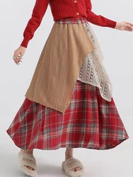 Zoki Design Vintage Plaid Long Skirts Women Korean Loose High Waist Irregular Skirt Casual Streetwear Retro Patchwork Skirts New