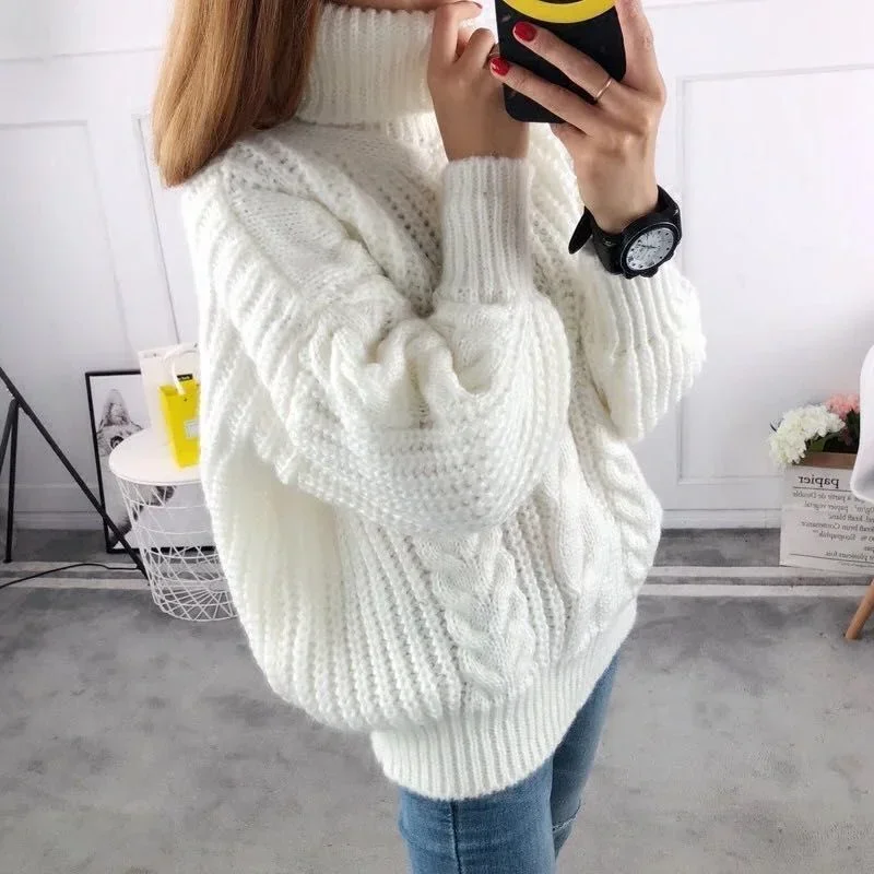 ゆったりとした厚手のウールのレイジーなスタイルの厚手のセーター、女性用、新しいレトロなタートルネックベースシャツ、ランタンスリーブ
