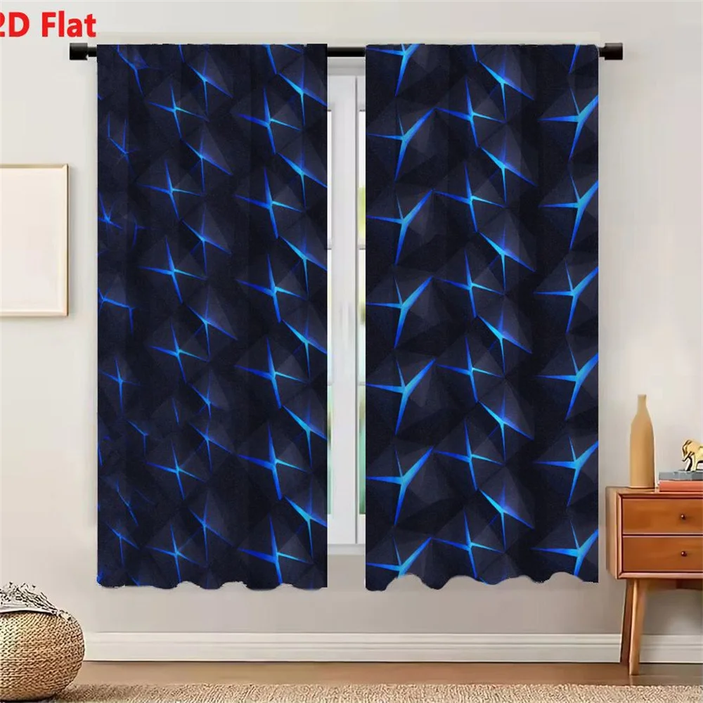 2Pcs Curtains 2D Flat Dark Blue And Black Geometric Pattern With Bright Blue Star Cross Shapes Low Poly Futuristic Abstract Digi