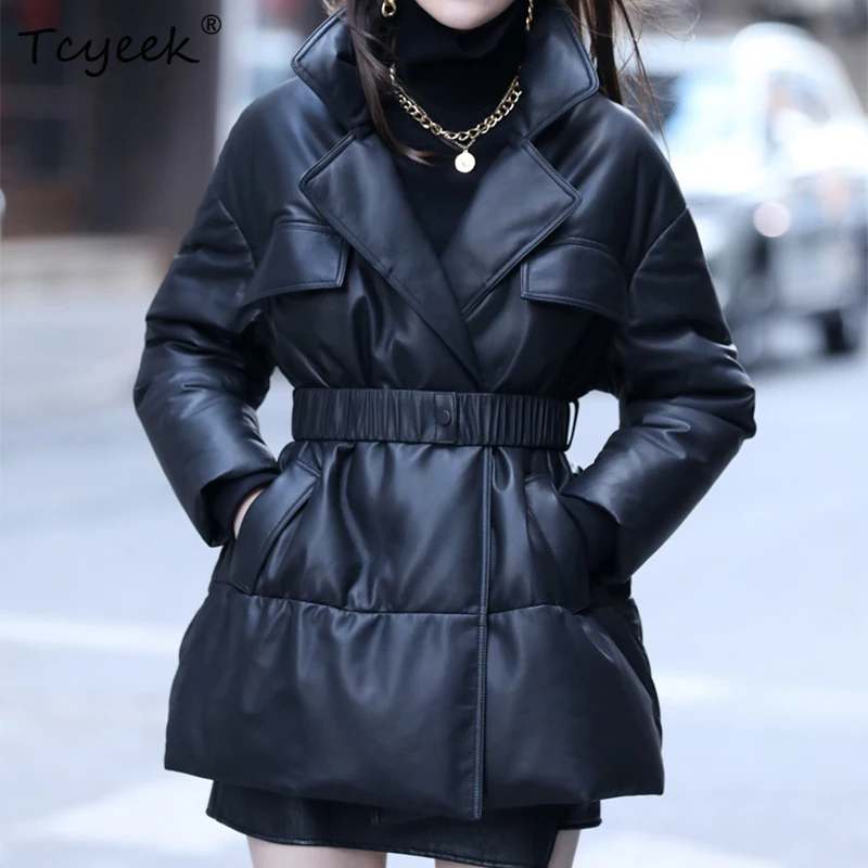 Sheepskin Leather Down Jacket Women's Winter New High-end Medium and Long Lapel Slim Fit Belt Warm Genuine Leather Coats