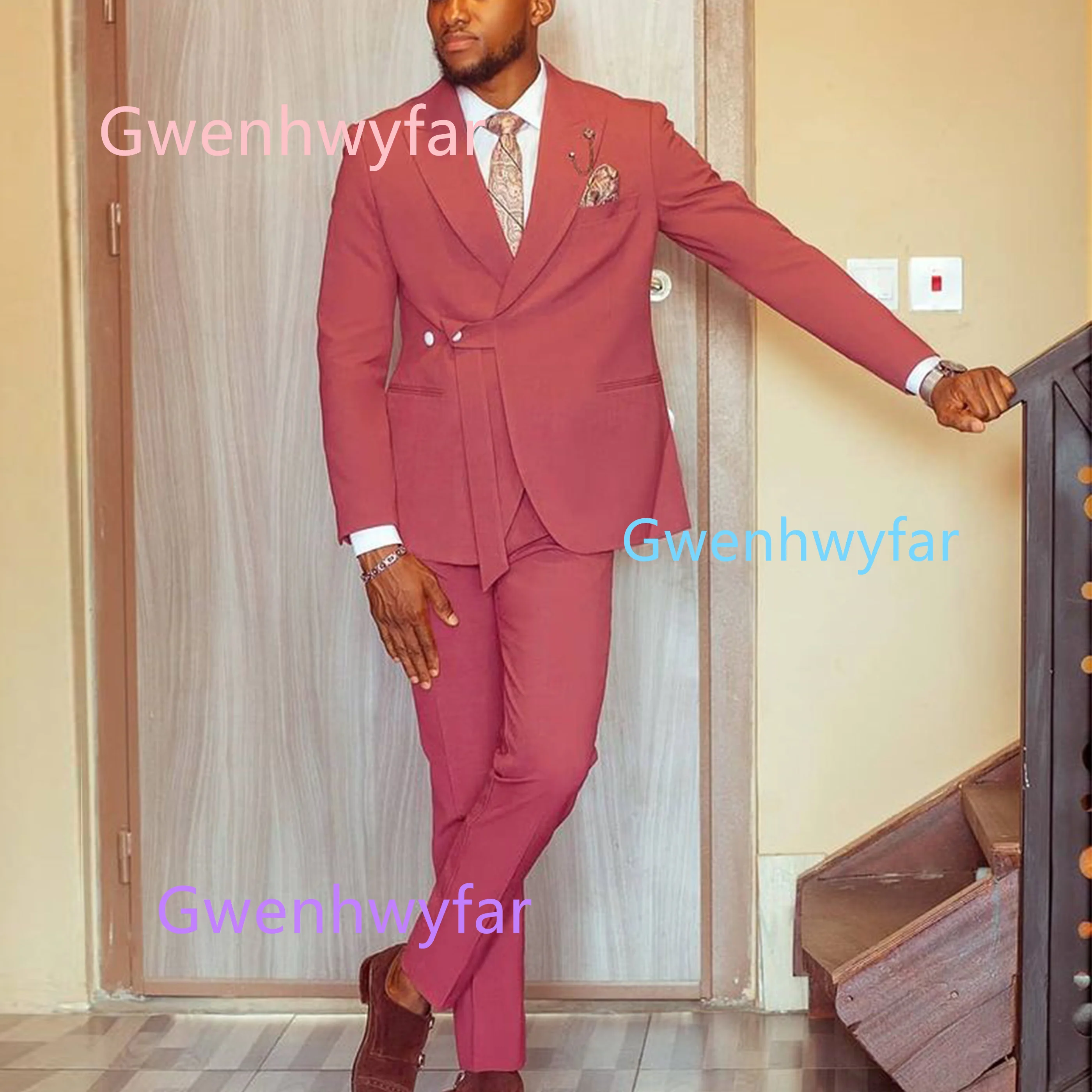 G&N 2025 New Coral Red 2-Piece Suit Set for Men Casual Suit Includes Jacket And Pants Customizable Suit Blazer with Belt