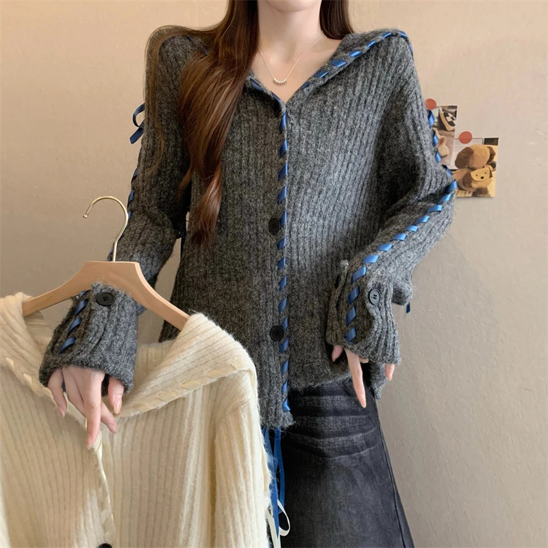 Korean Sle Navy Collar Asymmetrical Knitted Sweater Cardigan Faionable Women's Autumn Winter New Arrival Warmth Heating