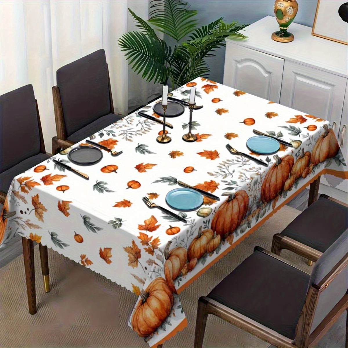 One autumn harvest tablecloth - orange pumpkin and maple leaf pattern, durable polyester fabric, textured weavezyc
