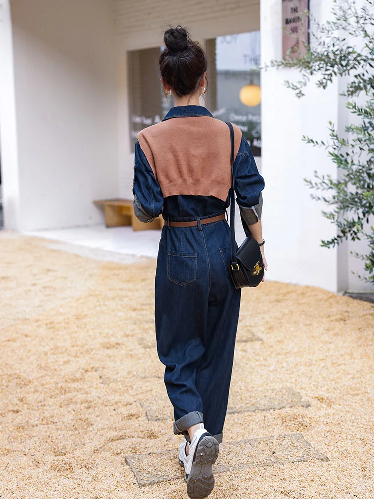 Unique Personali Denim Jumpsuit Women's Faionable Age-Defng High-Waist Straight-Leg Single-Piece Clothing