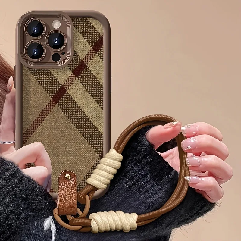 Brown Stripes Lanyard Strap Rope Phone Case For Samsung Galaxy Note 20 S24 S22 S23 S25 S26 Plus S24 FE S23 S24 S25 Ultra Cover