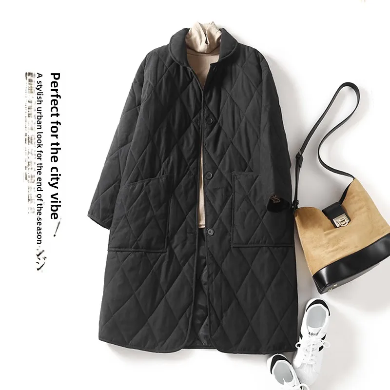 

plus Size Women's Cotton Jaet Diamond Patterned Warm Mid-Length Versatile Cotton Coat for Autumn Winter Thiened Long Sve