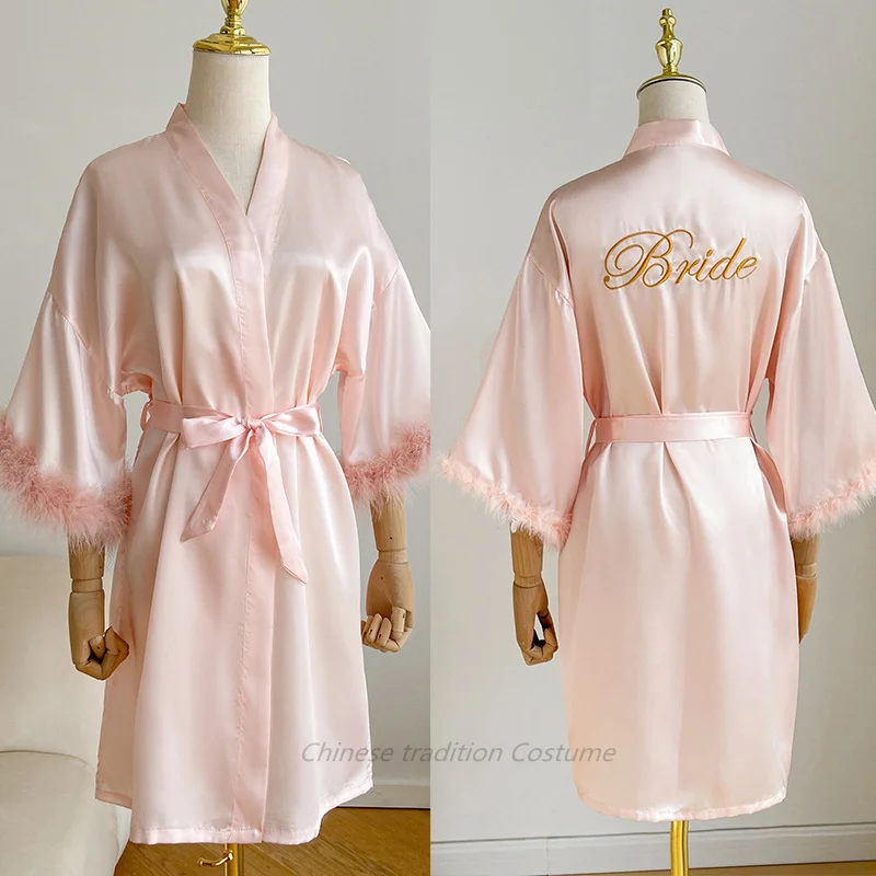 Wedding Bride Bridesmaid Robe Satin Kimono Intimate Lingerie Lady Sexy Feather Sleeve Bathrobe Nightgown Short Sleepwear Onesize