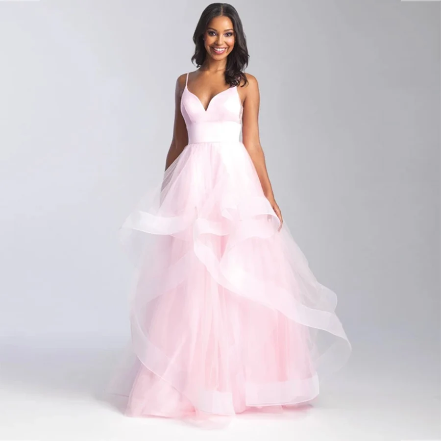 Evening Gowns for Women Pink Deep V Neck Backless Wedding Party Dresses Tulle Floor Length Elegant Black Bridal Prom Dress 2022