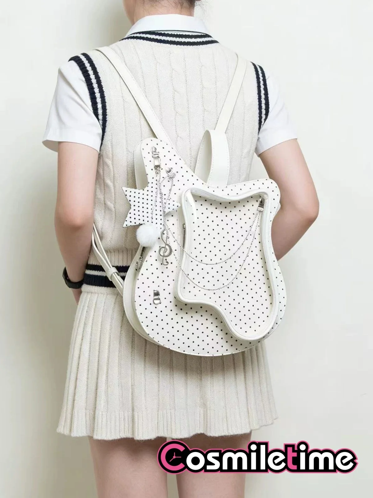 Cute Guitar Shape Itabag Polka Dot Transparent Window Pin Display Backpack Multi‑way Crossbody Bag Lolita Anime Cosplay Gift YZ