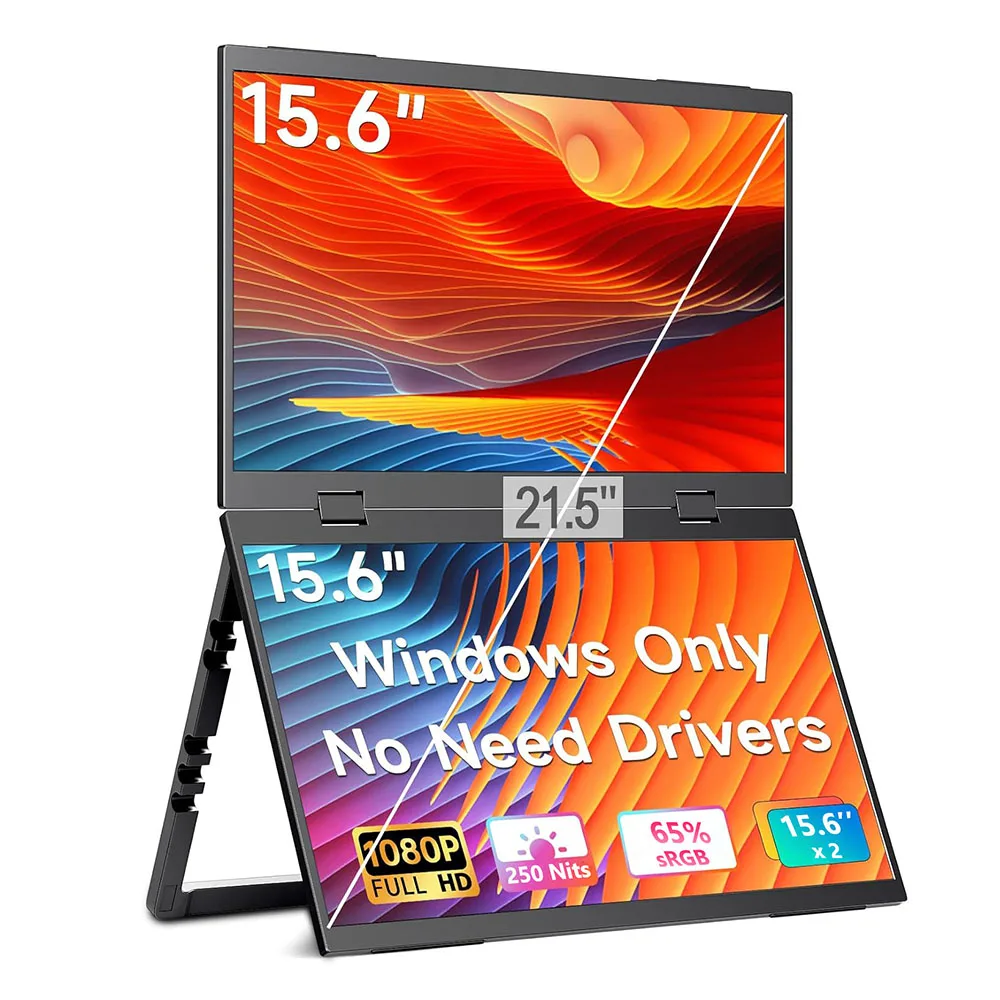 15.6 Inch Foldable Dual Portable Monitor, USB-C & HDMI Laptop Screen Extender, Stacked Travel External Display for Laptops