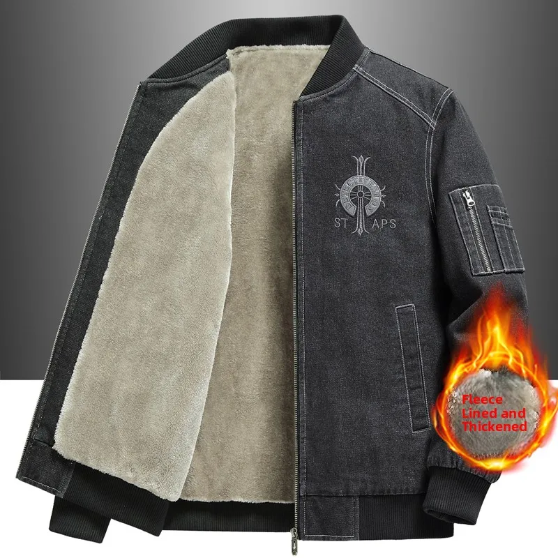 

Thiened Fce Lined Loose Fit Men's Denim Jaet Autumn Winter New Sle Warm Wear Resistant Faion Urban Cotton Jaet