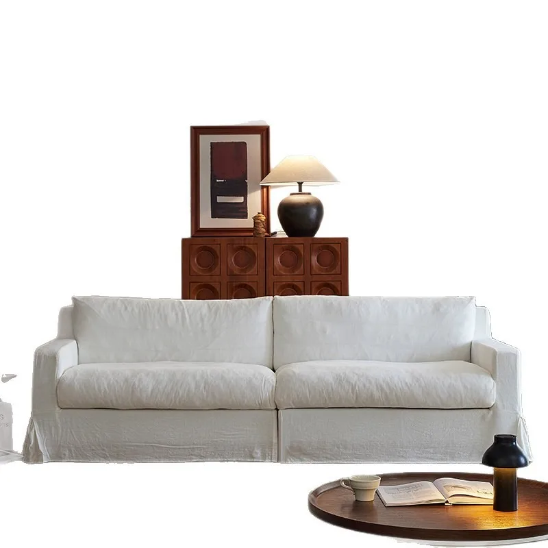 Wabi Sabi Style Linen Fabric Multi Seat Straight Sofa for Japanese Style Homes Removable Washable Rammed Earth Color Nordic