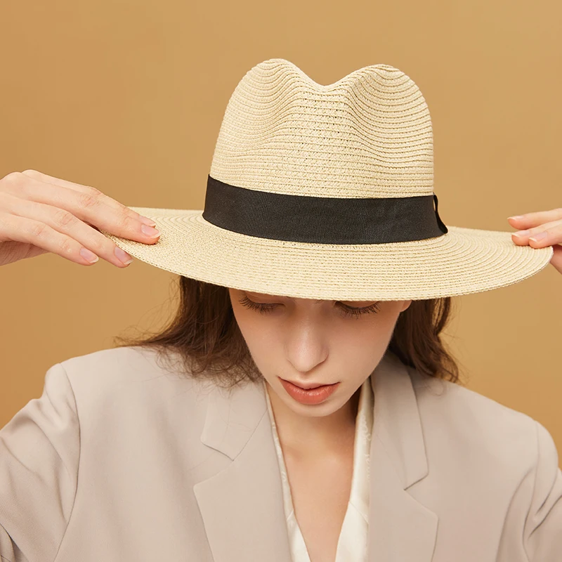 Beautoday Straw Hats Women Paper Straw Wide Brim Beige Black Panama Summer 2023 Fashion Casual Ladies Sun Caps Outdoor 96504