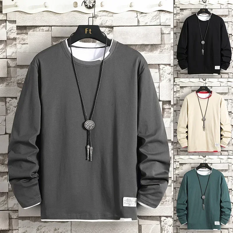 Pulôver masculino hoodies o pescoço moletom emendado sólido manga longa solta casual 2024 inverno slighth estiramento retalhos t camisas