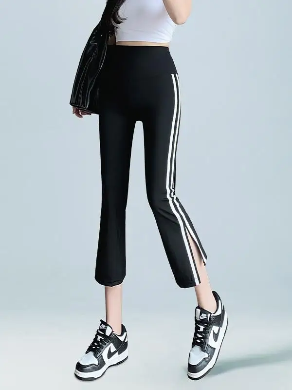 กางเกงโยคะเอวสูงทรงขากว้างสำหรับผู้หญิง ฤดูร้อน ผ้าบาง ไซส์เล็ก ทรงขาบานเล็กน้อย ผ้าโพลีเอสเตอร์ ใช้เป็นชั้นในได้