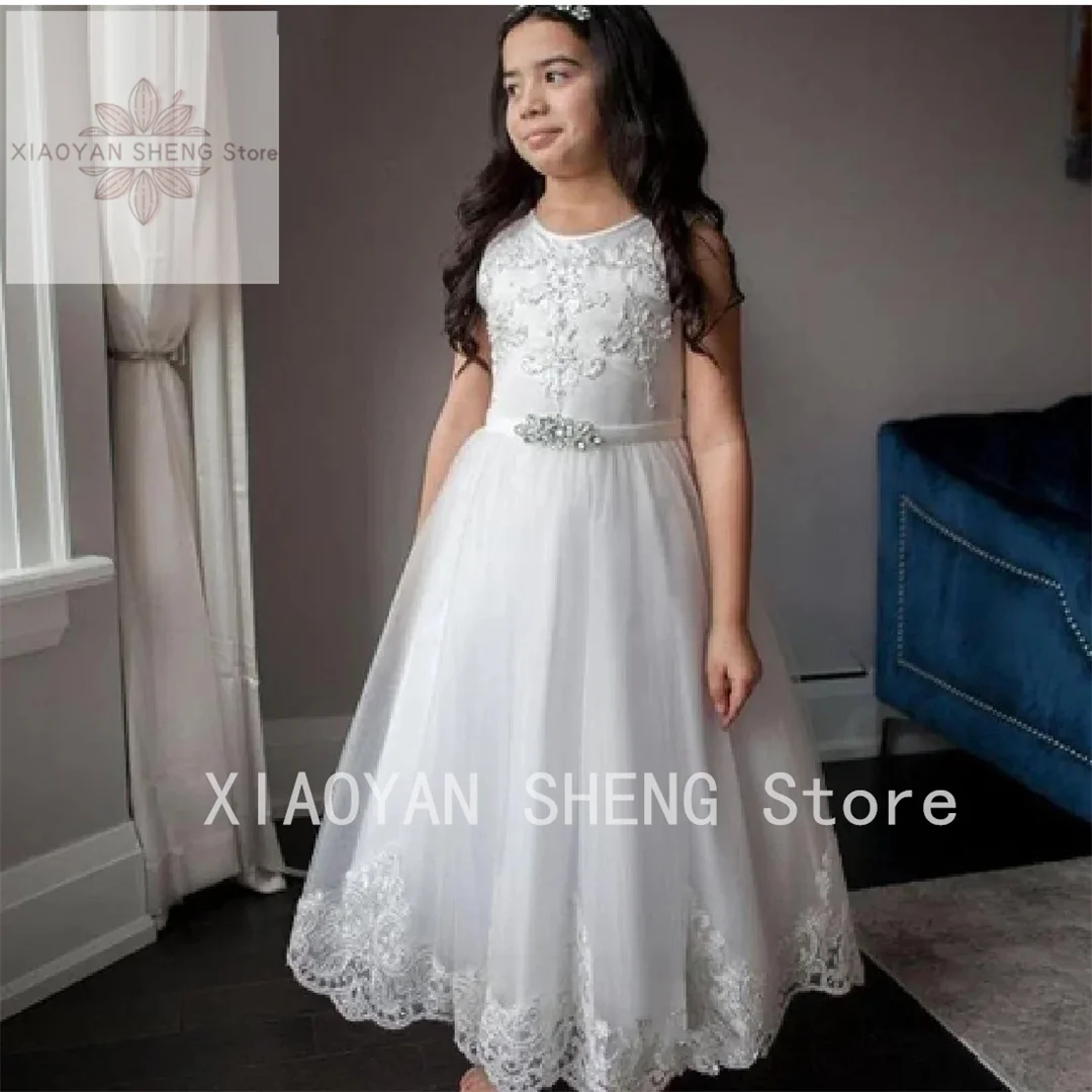 

Flower Girl Dresses For Weddings Lace Appliques Pearls First Communion Dresses 2023 Tulle Lvory Sleeveless Floor Length