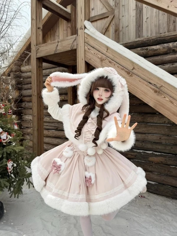 

Милый плащ с кроличьими ушками, комплект юбки в стиле Лолиты, женская модная осенне-зимняя милая пышная юбка с завязками на талии и галстуком-бабочкой