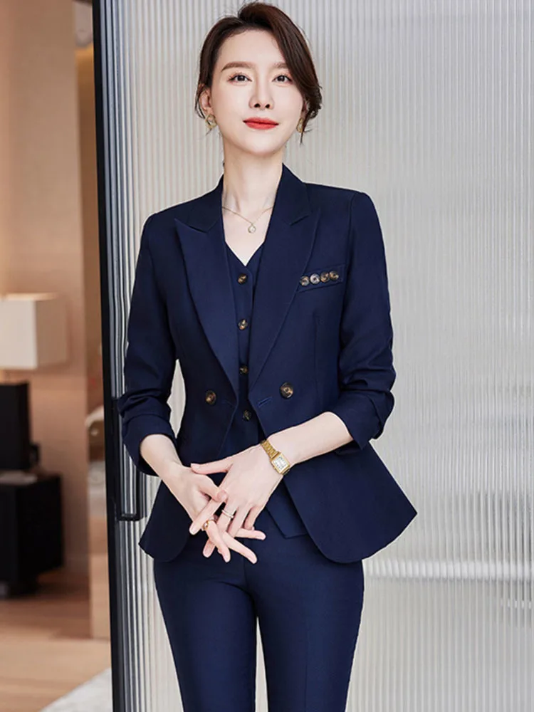 Women Formal Blazer Vest and Pant Suit Autumn Winter Navy Pink Apricot Office Ladies Business Work Career Wear 3 Pieces Set