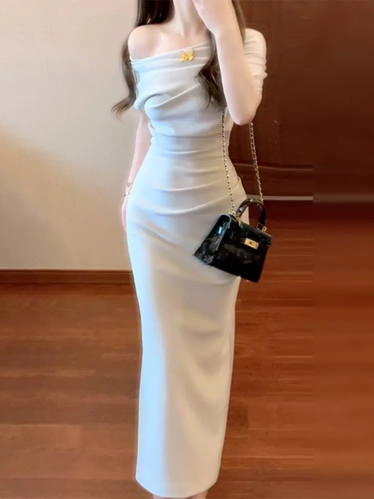 French Slanted Shoulder, Off-shoulder, Swung Collar, Mid-length, Irregular Waist, Hip-hugging Pleated Dress, New Summer Style