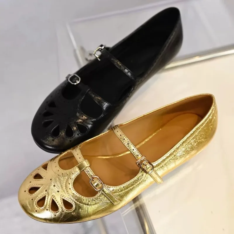 2026 Retro High Quality Women’s Carved Hollow Soft Skin Double Buckle T Strap Soft Sole Metallic Color Mary Jane Flat Shoes