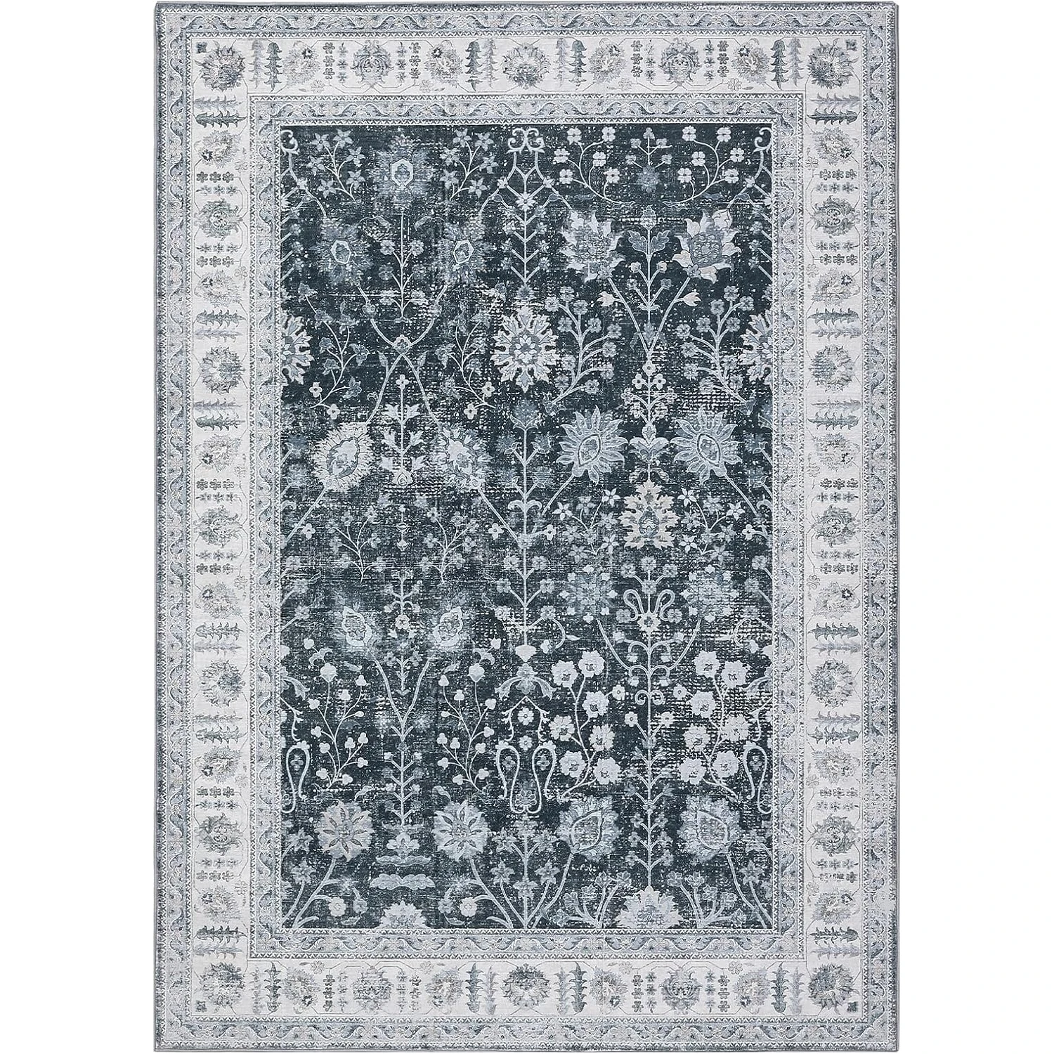 Boho Faux Wool Low Pile Area Rug, 1200GSM Soft Velvet Print Rug with Washed Back, Machine Washable Area Rugs, Non-Slip Rubber Backing, for Dining Room, Hallway