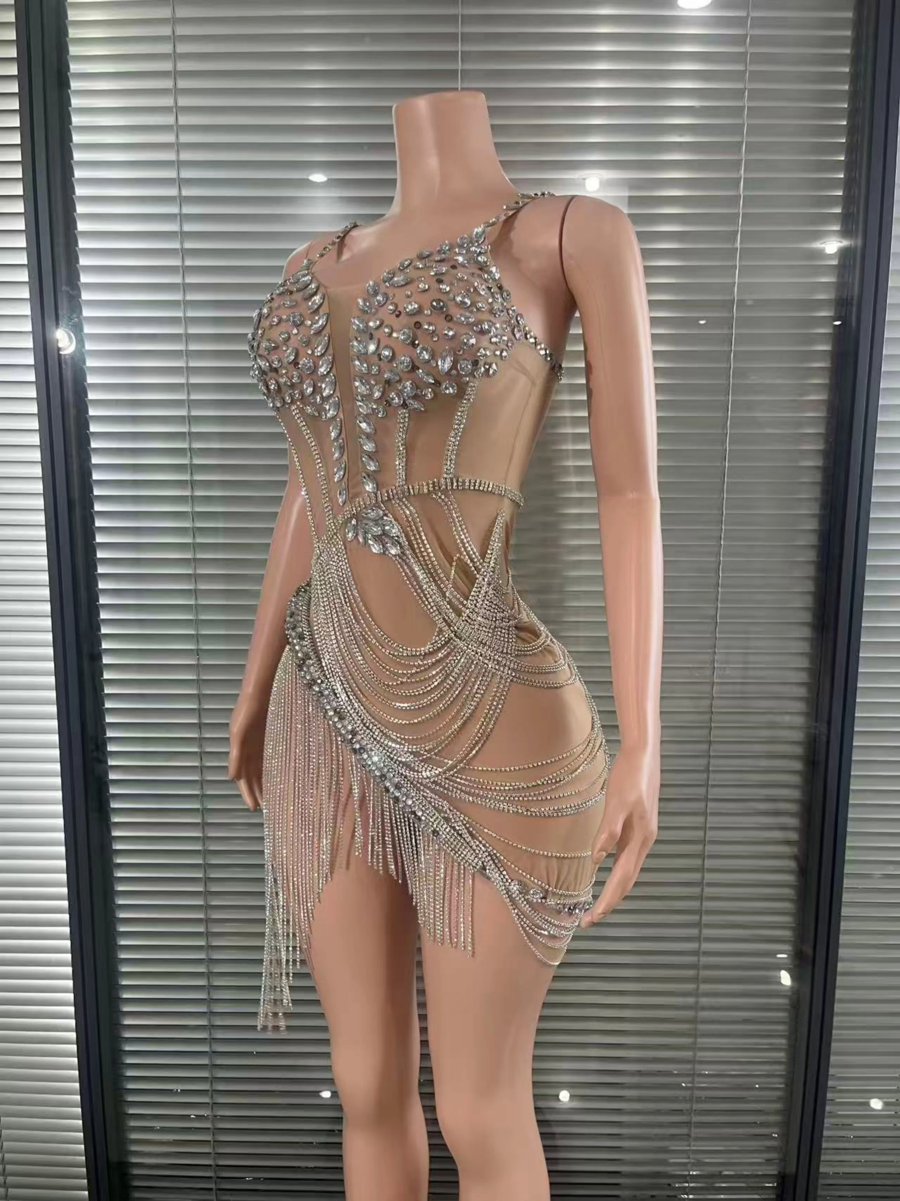 Opulent Sexy Gold Dance Dress Shining Rhinestone Tassel Latin Dance Dress Club Party Birthday Evening Dress Stage Gala