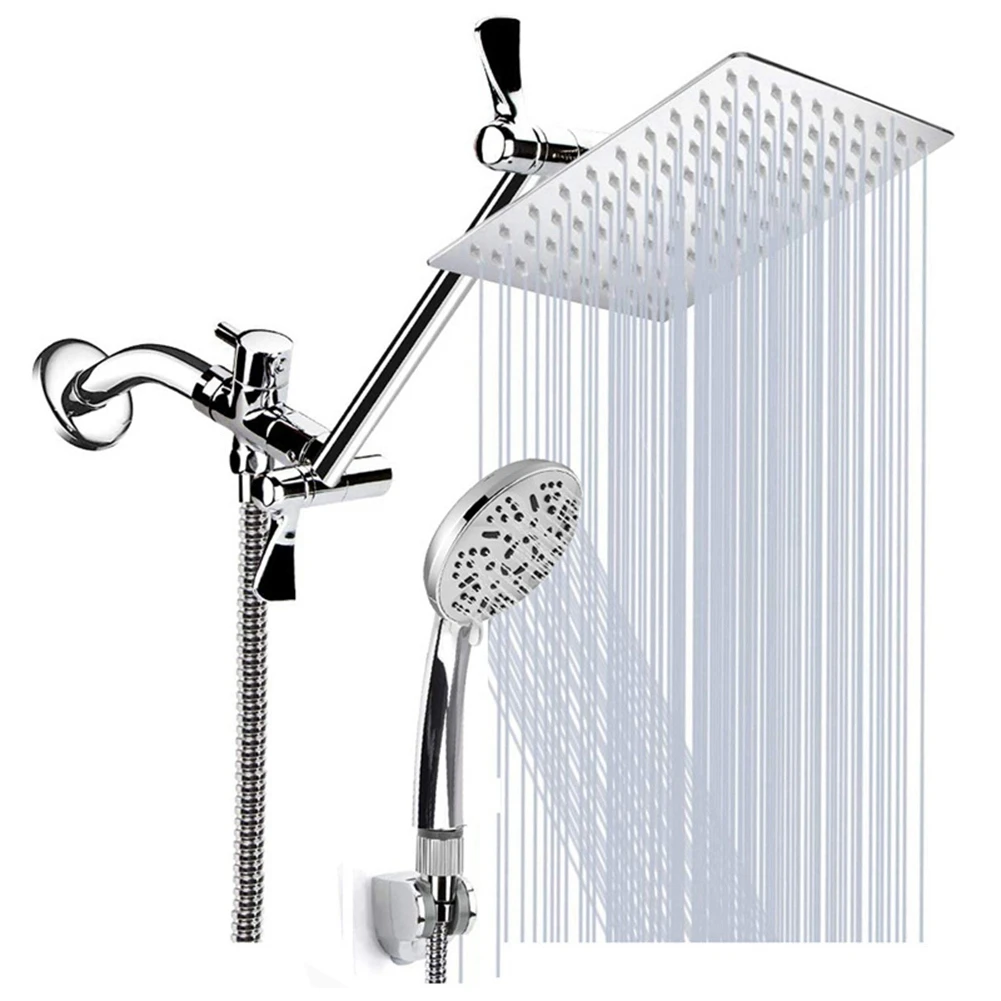 8 inch Rainfall Stainless Steel Fixed Shower Head/Handheld Showerheads Combo 9 Settings with Extension Arm, Chrome