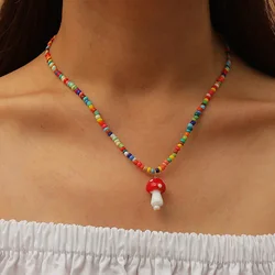 New 2021 Handmade Rice Beads Cute Mushroom Charm Necklace Women Korean Woven Pendant Jewelry dropshipping