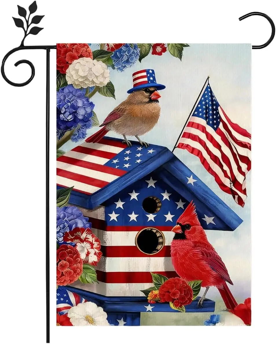4th of July Cardinals Bird Garden Flag 12x18Inch Double Sided Independence Day and Memorial Day for Fallen Soldiers Flag App AAS