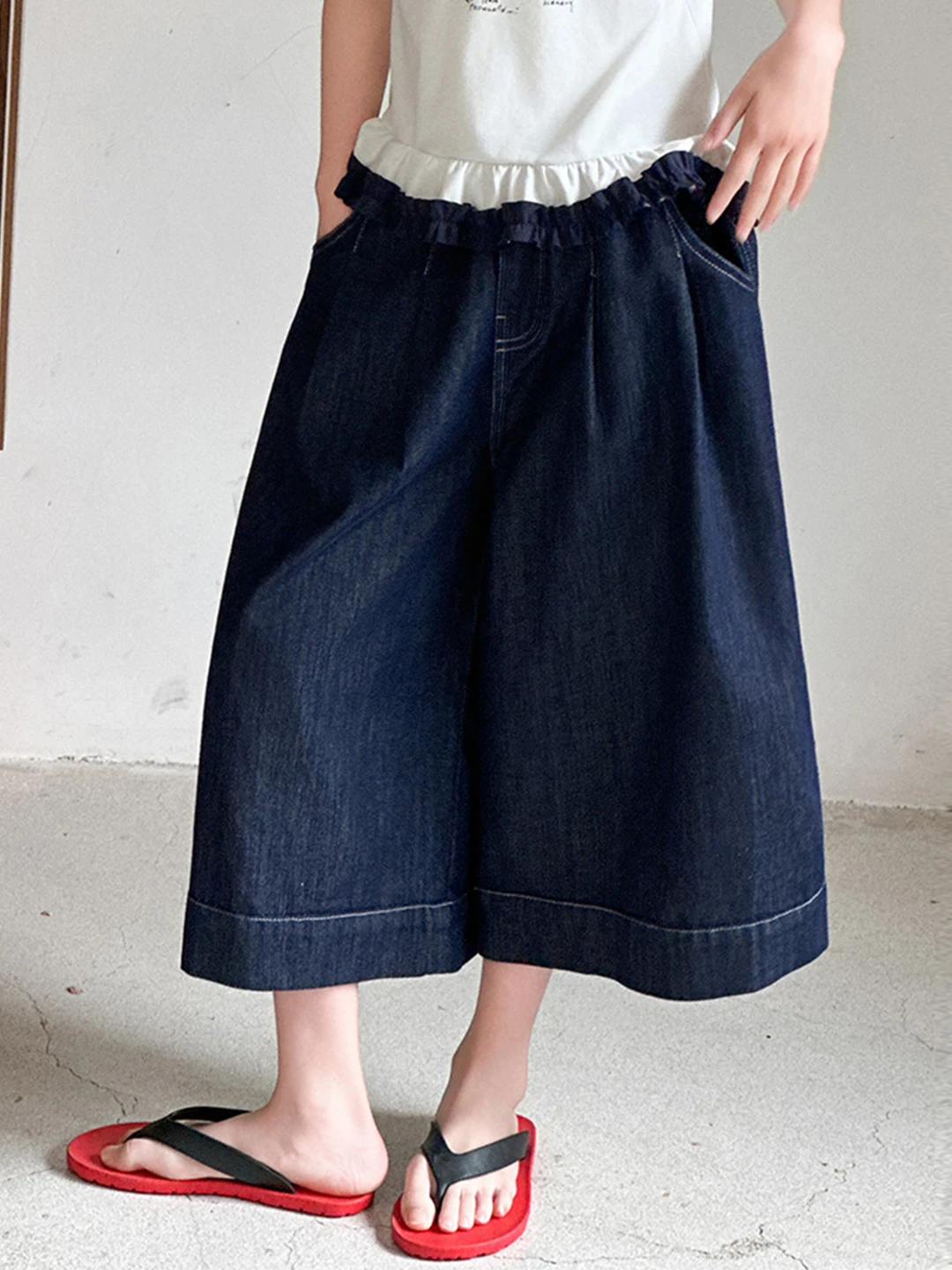 Calças Jeans Casuais de Perna Larga para Meninas, Comprimento Sete-Oitavos, Cintura Elástica Solta, Novo Estilo de Verão, Cal...