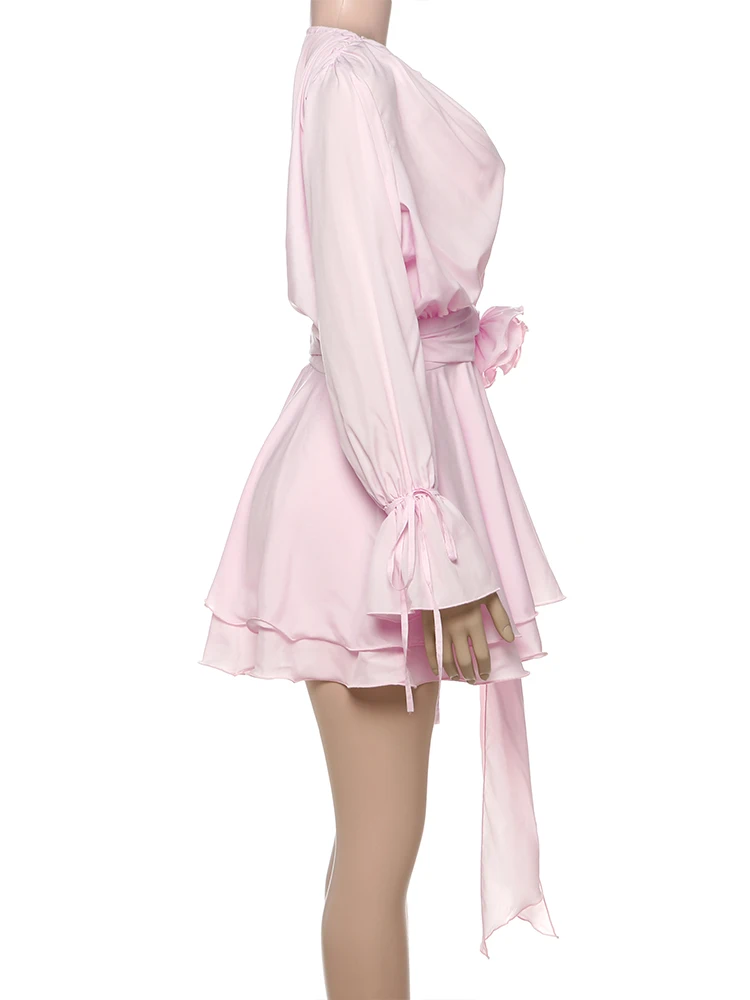 Cutenew Women's Mini Dress Solid Trend Stacked Ruffle Bandage Full Sleeve O-neck Appliques Ribbons Belt Bodycon Mujer Streetwear