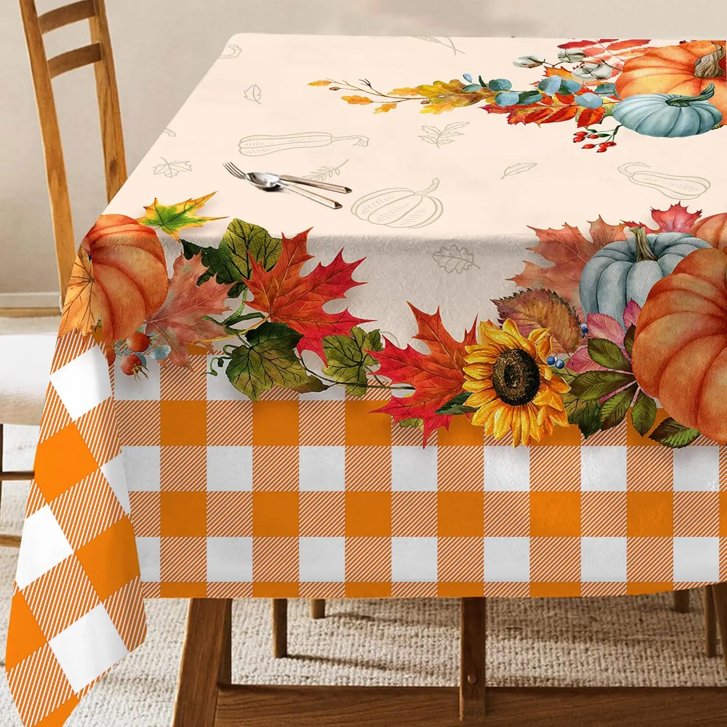 Thanksgiving Pumpkin Buffalo Plaid Rectangle Tablecloth Dining Room Decor Waterproof Tablecloth for Table Party Supplies