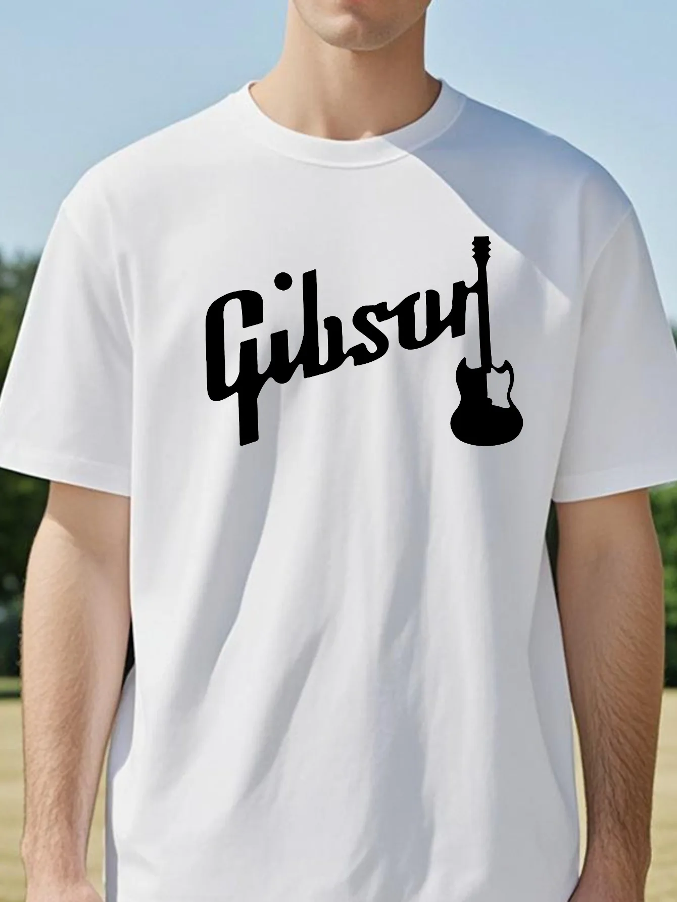 Men's Summer Cotton Fashionable Casual Loose Large Gibson Guitar Printed Sports Round Neck Short Sleeve T-shirt Top