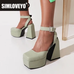 SIMLOVEYO Lady Pumps Square Toe Heel 14cm Platform Hill 5cm Buckle Strap Striped Big Size 42 43 Sexy Party Shoes