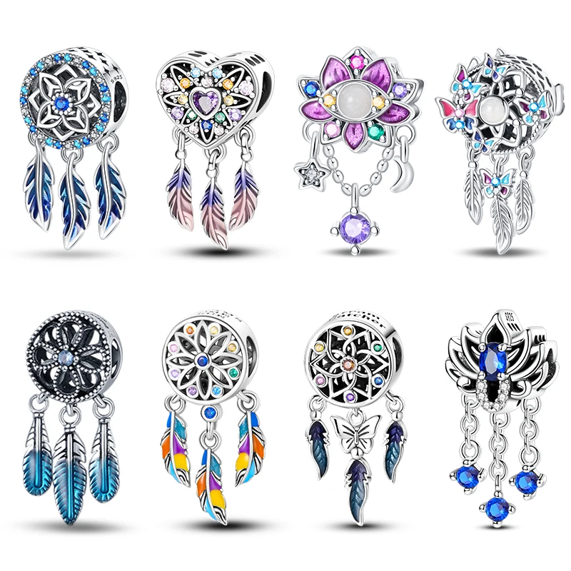 Mode 925 Silber Farbe Feder Bunte Traumfänger Charms Bead Fit Pandach 925 Original Armbänder Exquisite DIY Schmuck Geschenk