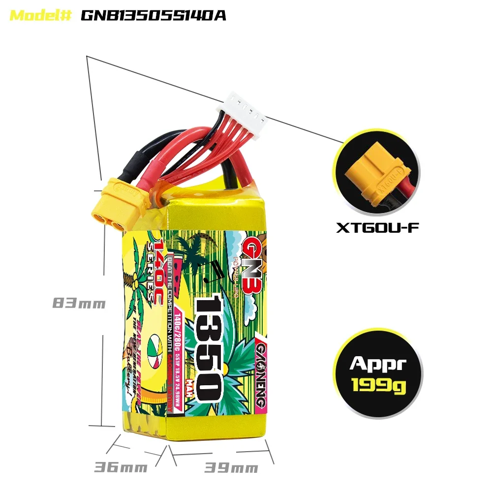 Bateria litowa GAONENG GNB 5S 18.5V 1350mAh 130C z złączem XT60, odpowiednia do dronów FPV i quadrocopterów.