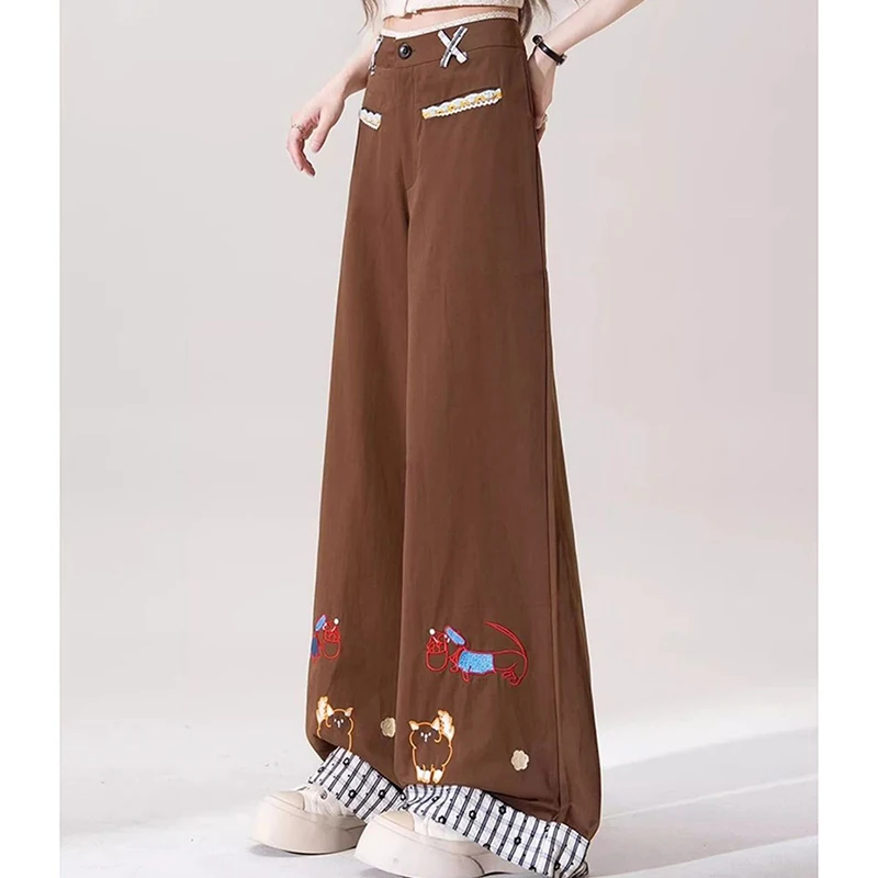 الأمريكية خمر لطيف السراويل المطرزة النساء الحلو Harajuku Y2K أنيمي السراويل فضفاضة عادية المرقعة ربيع الخريف مستقيم بانت