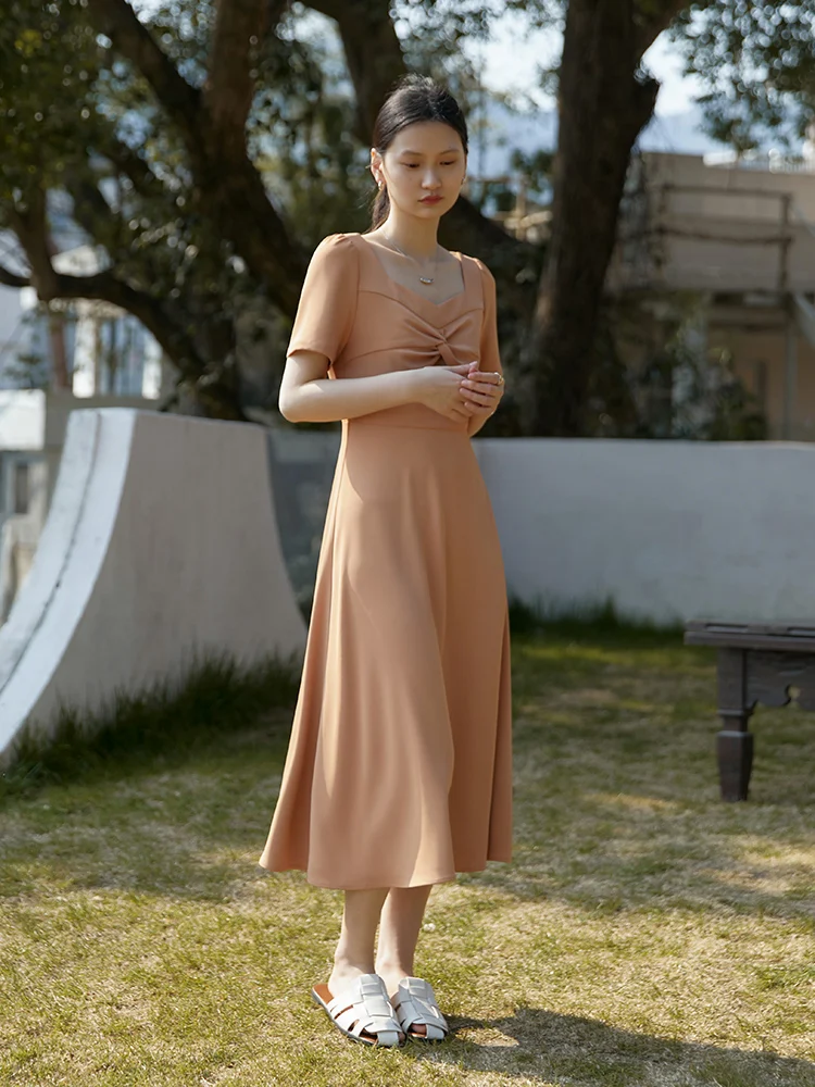 ZIQIAO Japanese Square Neck Three-dimensional Cut Bow Mid-Calf Dress Drape A-LINE Skirts Office Lady Solid Summer Long Dress