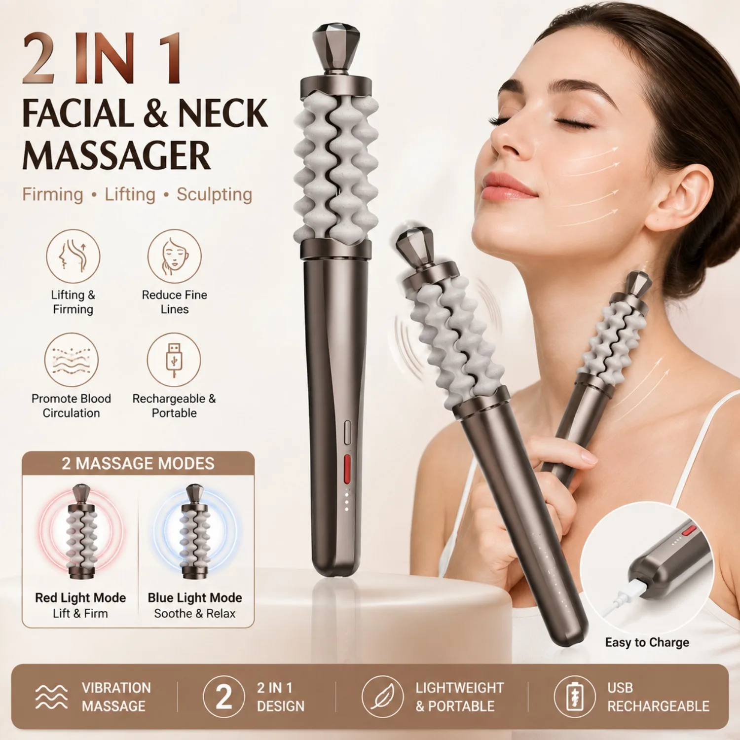 2-in-1 Facial Neck Massager, Portable Face Roller Massage Tool, Handheld Skin Care Massage Device for Face, Neck & Body