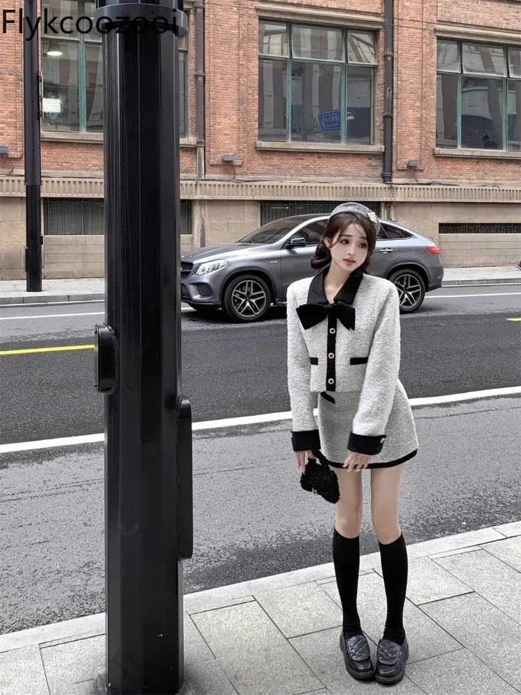 Temperament Bow Wool Short Coat Women's Autumn/winter Wrap Hip Skirt Two-piece Set Mainland China Casual Tweed Blazer