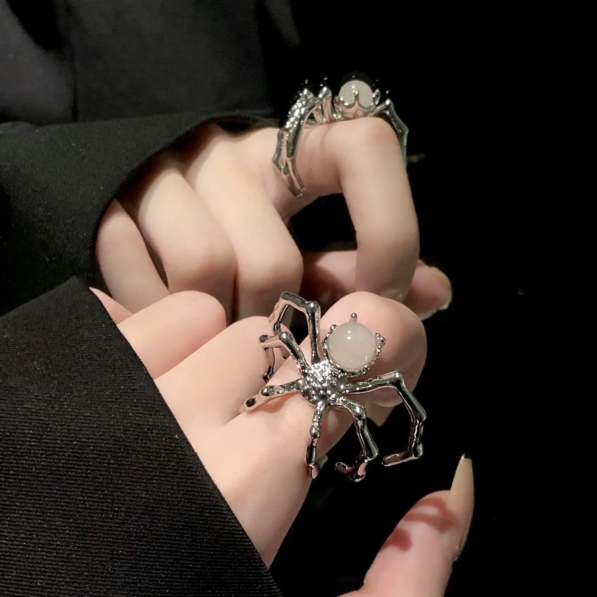 Gothic Black Spider Micro Inlaid Moonstone Pearl Opening Ring Halloween Retro Punk Fashion Jewelry Women Gifts view 5