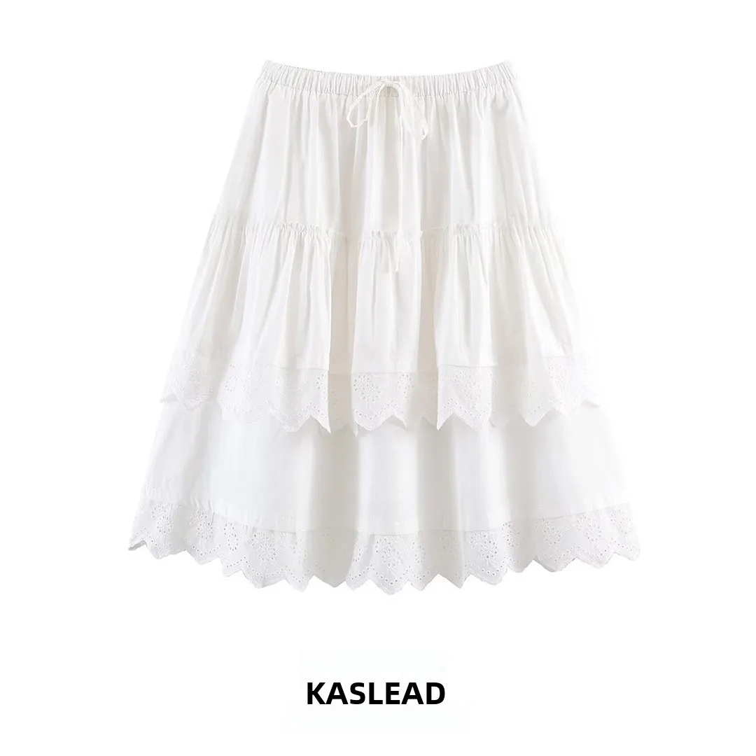 

KASLEAD New Faionable White Lace Trim Cake f Skirt Puffy Skirt Women's Polyester Fiber Stand Version mid Waist