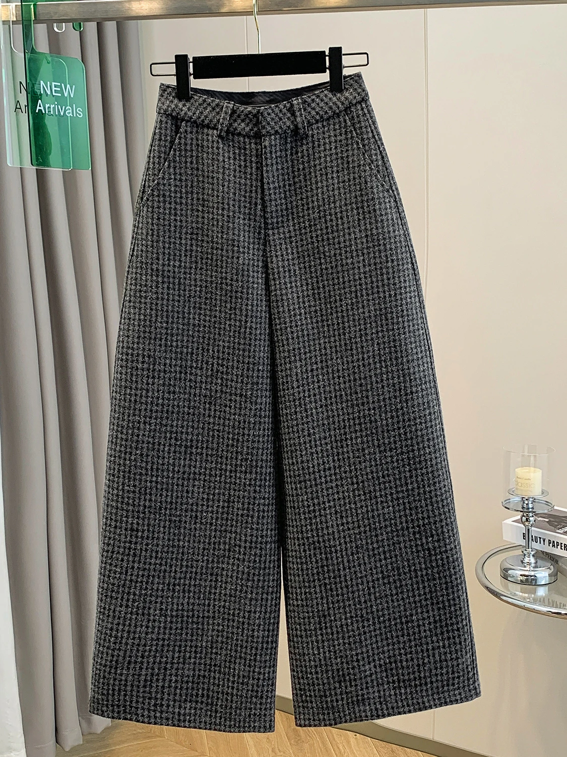 Damskie spodnie plus size w stylu retro z wysokim stanem, prostymi nogawkami, wełniane, ocieplane, zimowe, uniwersalne, wyszczuplające, długość 7/8.