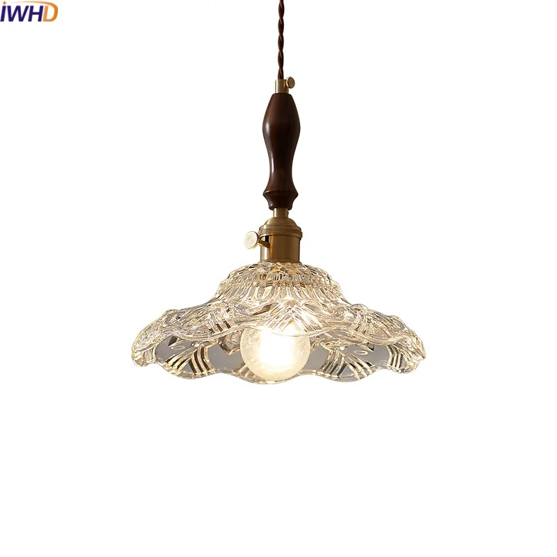 IWHD Modern Style LED Pendant Lamp Copper Glass Living Dining Room Balcony Wood Handle Hanging Light Fixtures Suspension Lampara