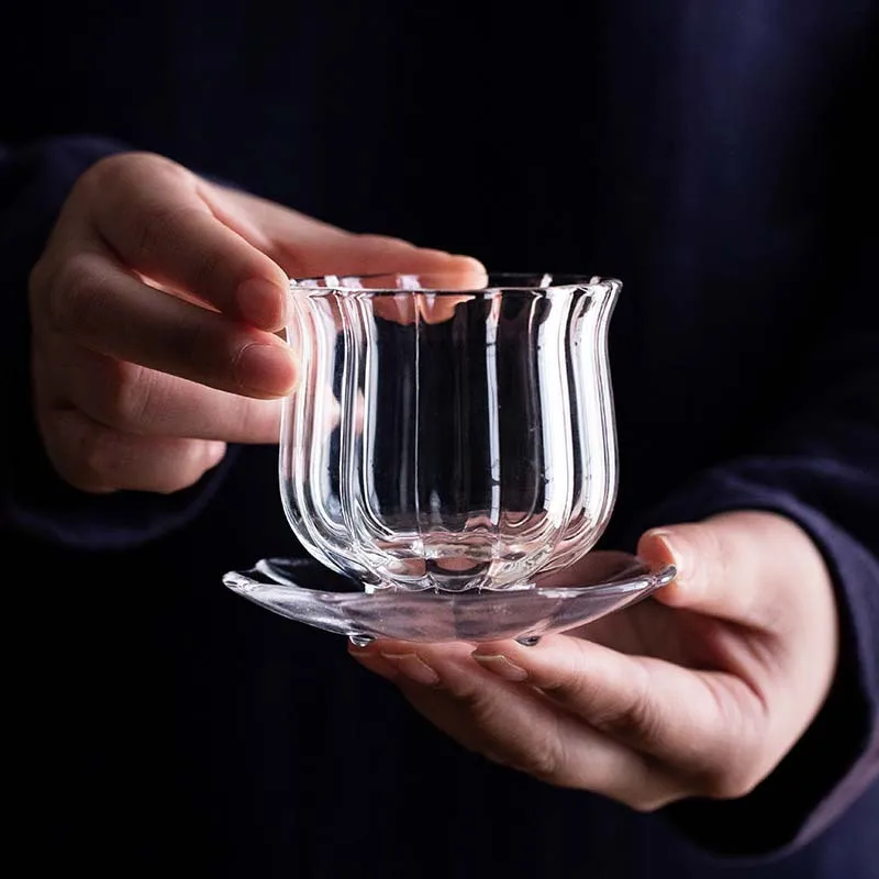 Handmade Heat Resistant Borosilicate Glass LotusTeaCup Kung Fu Tea Set Personal Single Cup Japanese Style Tea Ceremony Drinkware